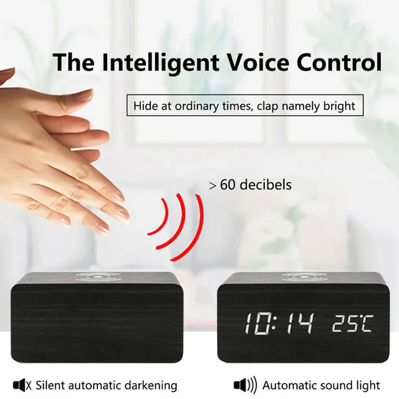 Wooden Digital Alarm Clock with Wireless Charging LED Clock with Time Date Temperature Desk Clocks for Office Bedside Clock