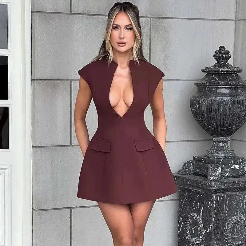 Townlike Elegant A-Line Mini Dress - Deep V Neck Party Dress