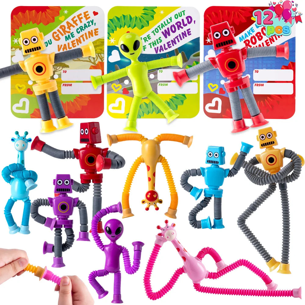 JOYFY 12 Pcs Valentine's Day Telescopic Suction Pop Tube with Cards for Kids Toys Party Favors Classroom Exchange Gifts