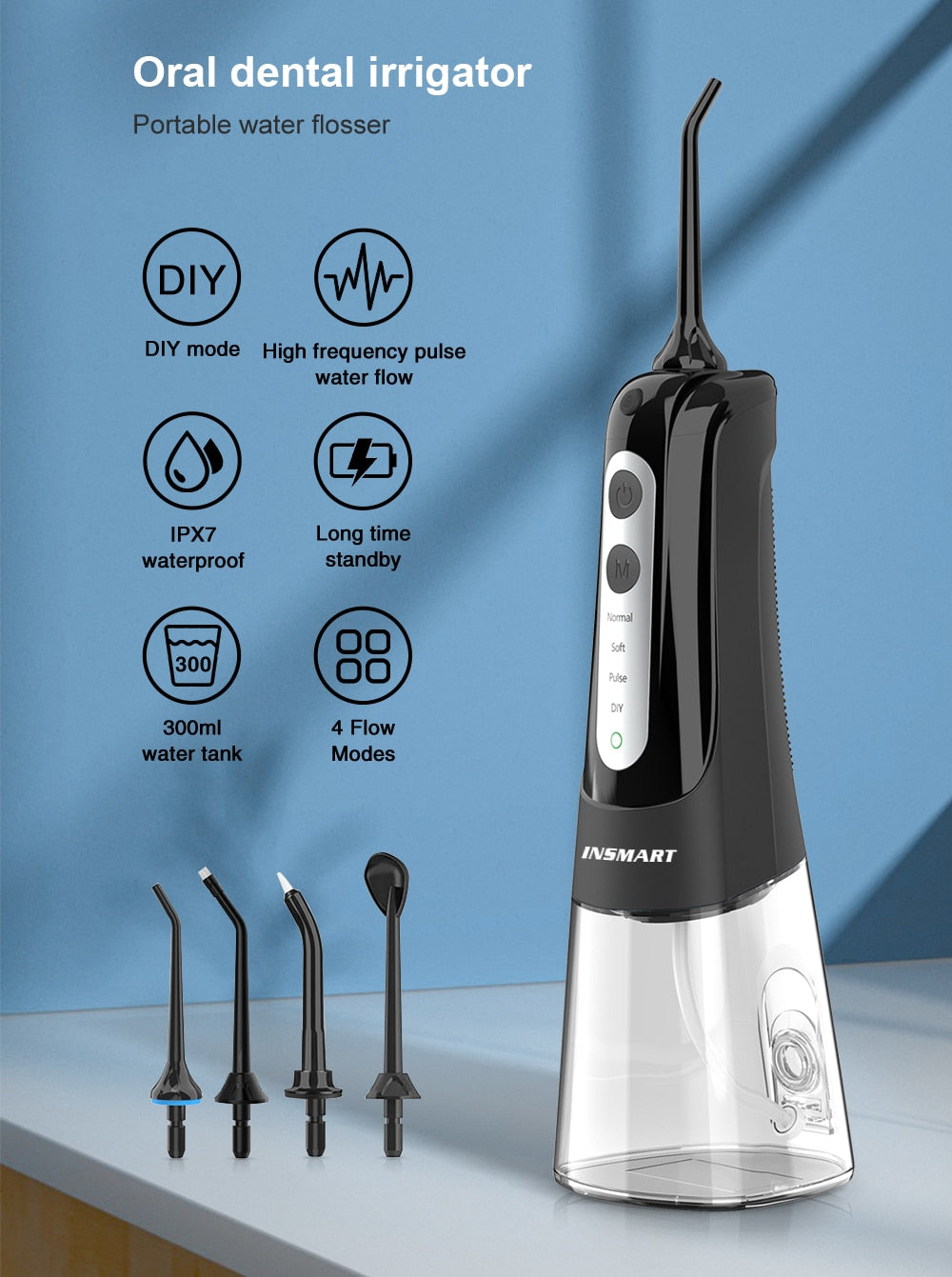 INSMART Oral Irrigator Dental Water Flosser Teeth Whitening Waterproof Portable Dental Water Jet Floss 300ML Teeth Cleaner