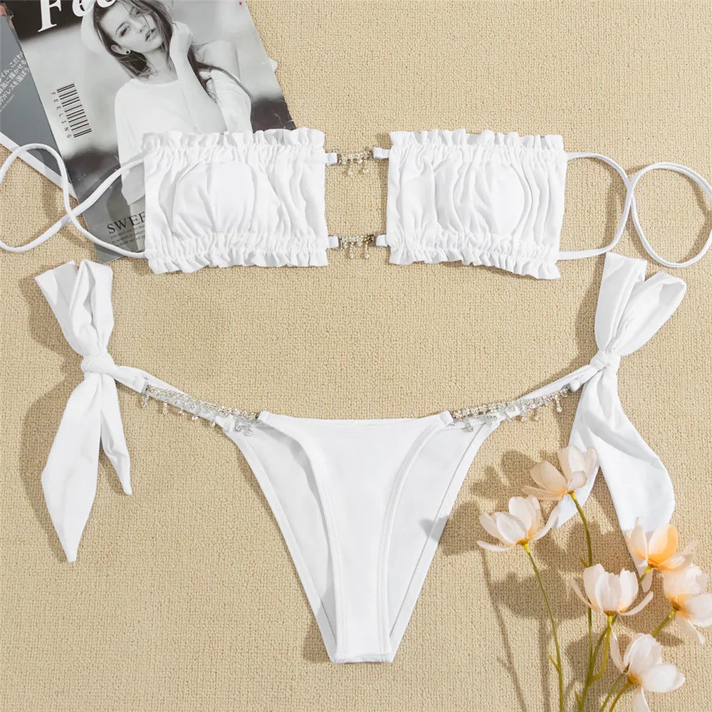 Rhinestone Chain Micro Thong Bikini