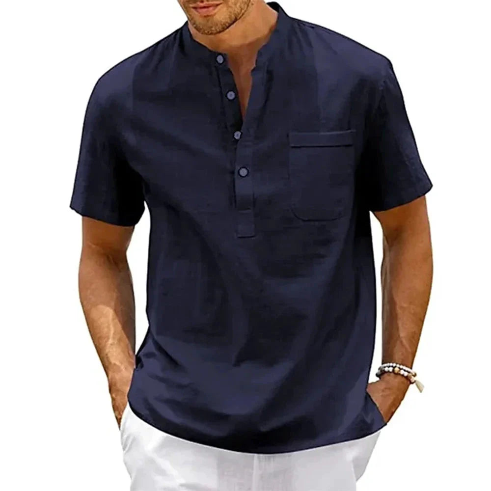 Mandotos Cotton Linen Henley Shirt for Men Pocket Short Sleeve Beachwear Vintage Streetwear