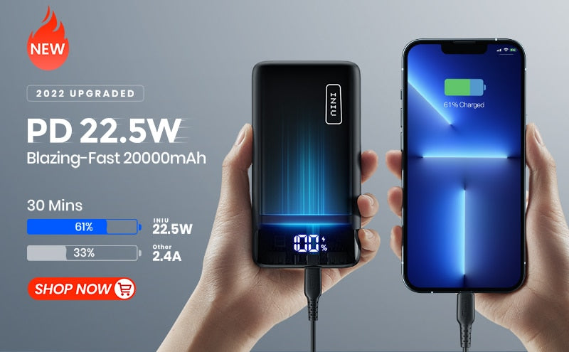 INIU Powerbank 20000mAh 22.5W PD3.0 QC4.0 Fast Charging LED Power Bank Portable Charger For iPhone 14 13 12 Pro Max iPad Samsung