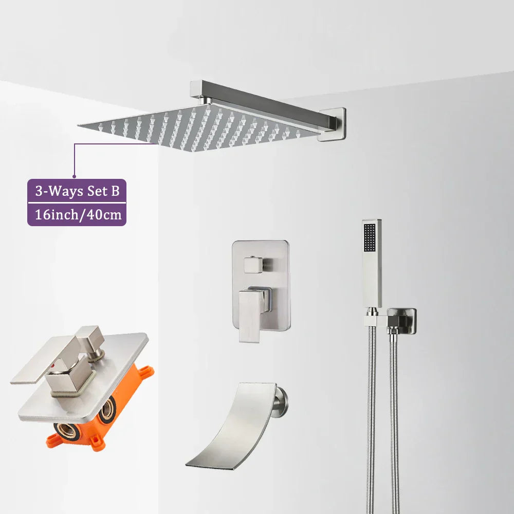 DecorBites™ Brushed Nickel Rainfall Shower Faucet Set Wall Mounted Control Valve