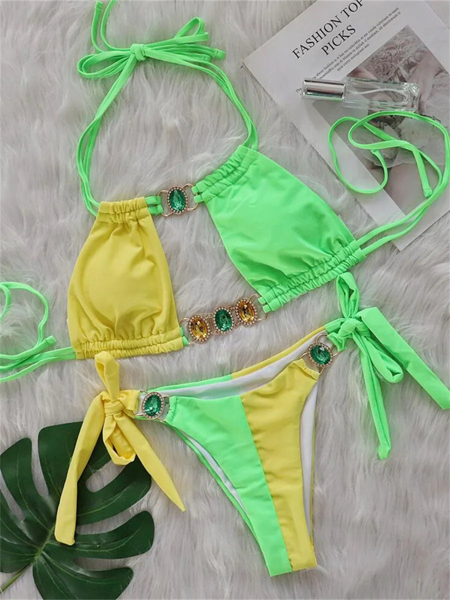 Rhinestones Splicing Bikini