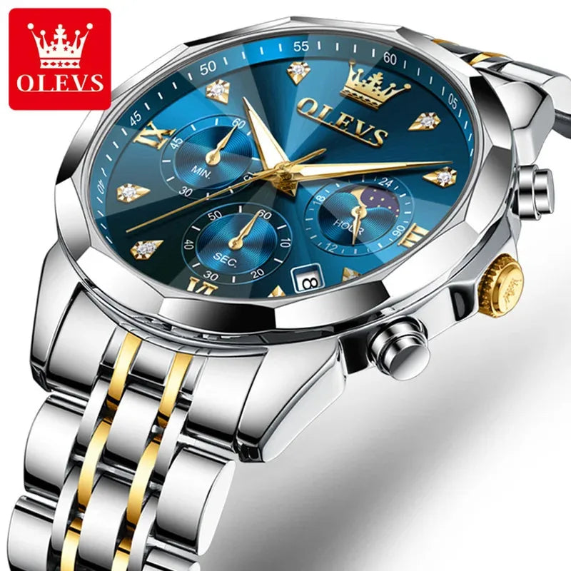 OLEVS 3670 Men's Watches Fashion Waterproof Calendar Luminous Moon Phase Quartz Watch Man Chronograph Clock