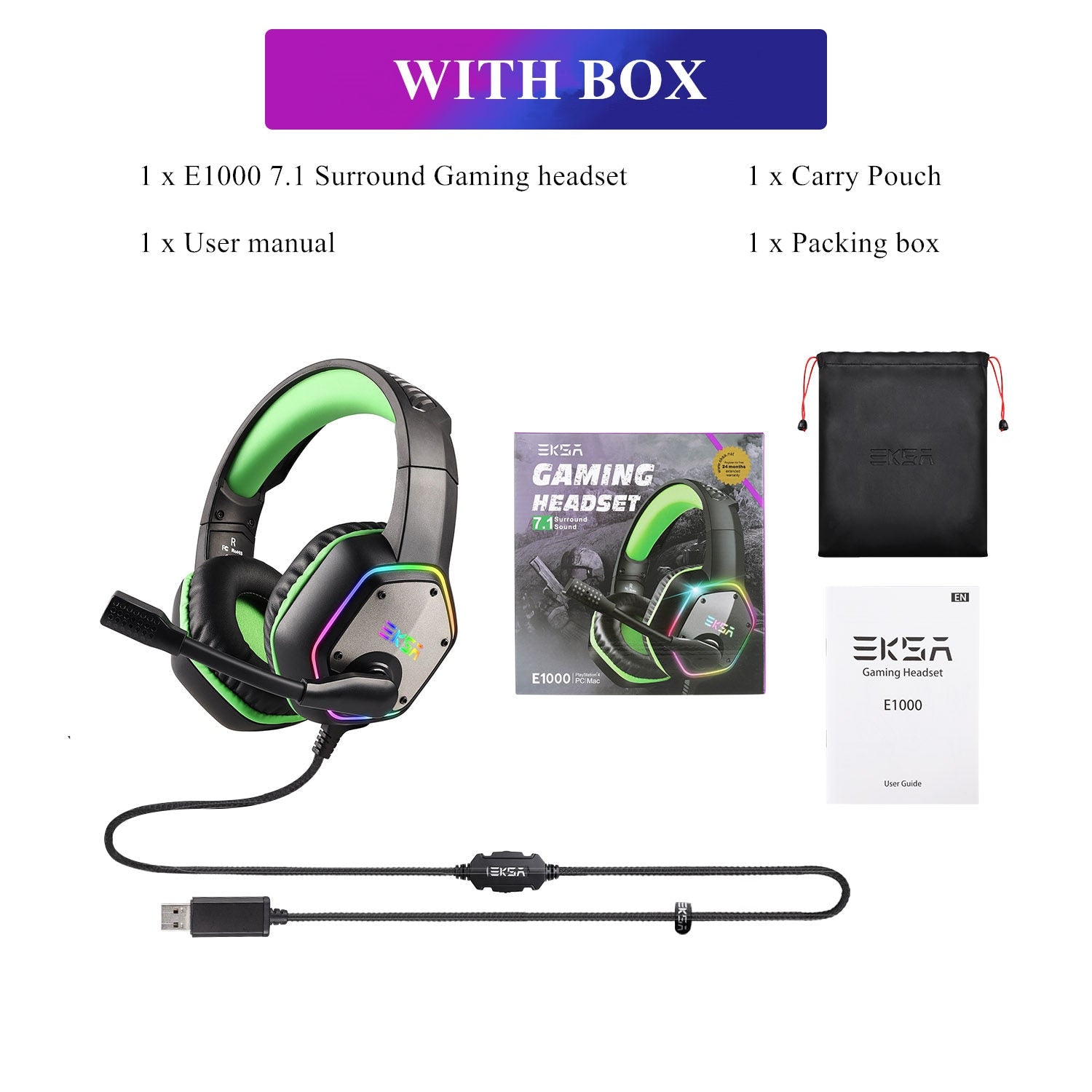 Gaming Headphones For PC/PS4/PS5 EKSA E1000 7.1 Surround RGB Gaming Headset Gamer USB Wired Headphones with Noise Cancelling Mic