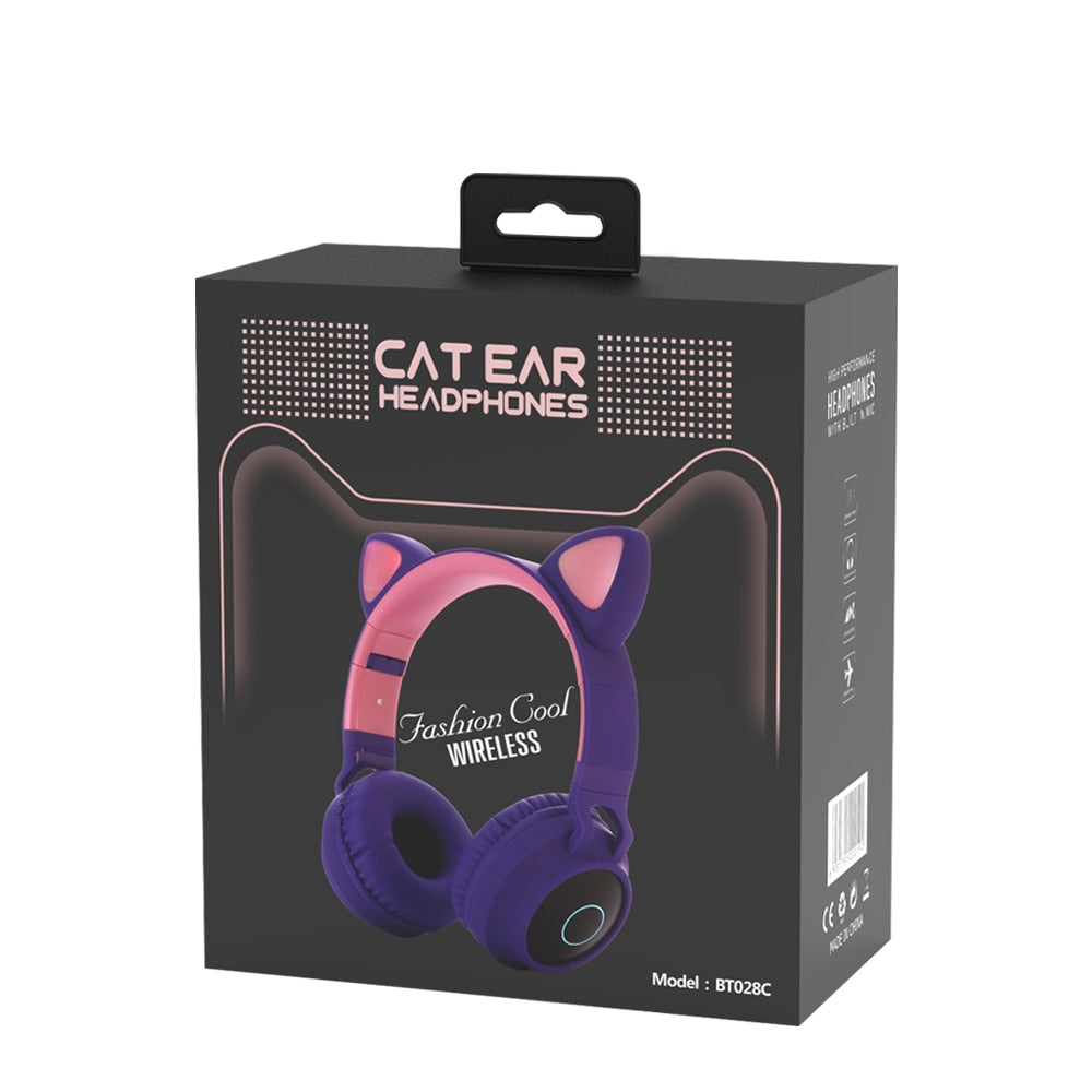LED Light Wireless Headset with Cat Ear Design - Music Headphones for Girls, Daughters, Bluetooth Headset with TF Card Support and FM Radio