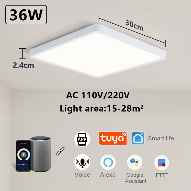 Smart Wood Grain LED Ceiling Lamp: Tuya App & Voice Control, Alexa/Google Compatible, Remote Control, Stylish Square Ceiling Light for Living Room