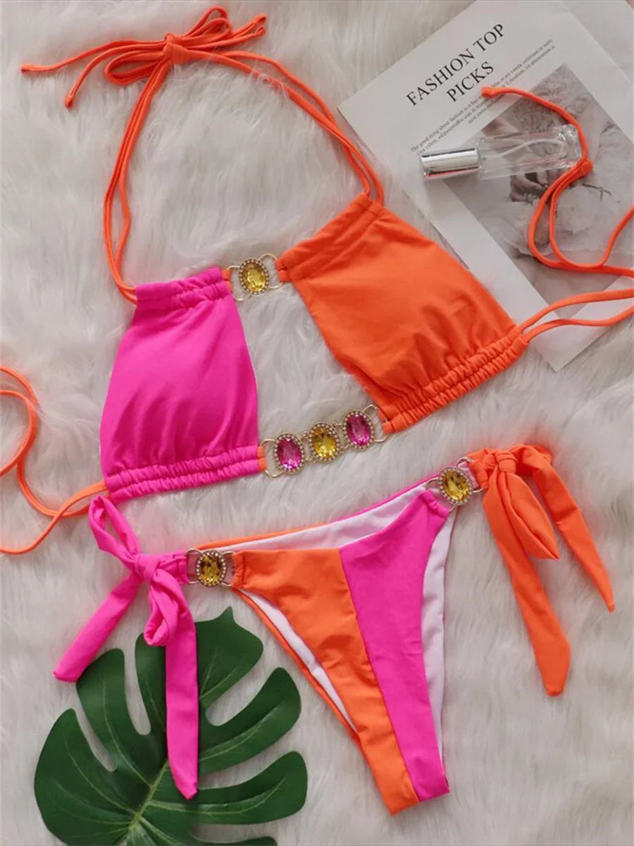 Rhinestones Splicing Bikini