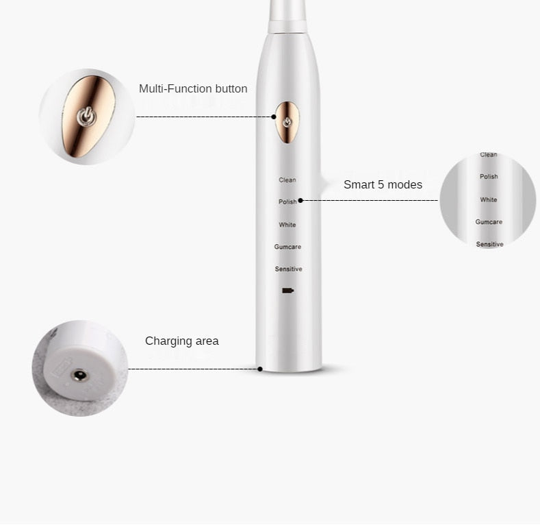 Jianpai Adult Black White Classic Acoustic Electric Toothbrush Adult 5-gear Mode USB Charging IPX7 Waterproof Acoustic Electric