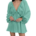 Mandotos Deep V Neck Retro Pleated Dress With Long Sleeves Pink Large Size For Women