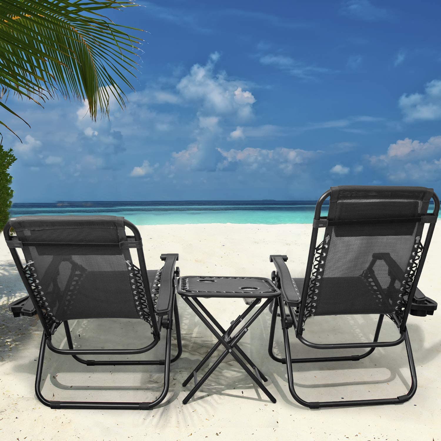 2PC Garden Sun Lounger Set with Table Folding Flexible Adjustable Zero Gravity Recliner Chair Seat Indoor/Outdoor 2 Colors