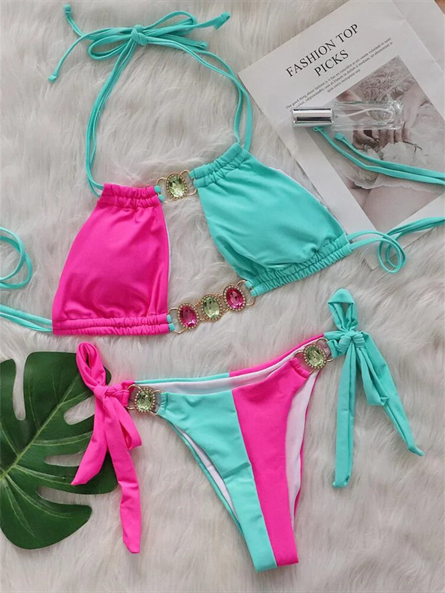 Rhinestones Splicing Bikini
