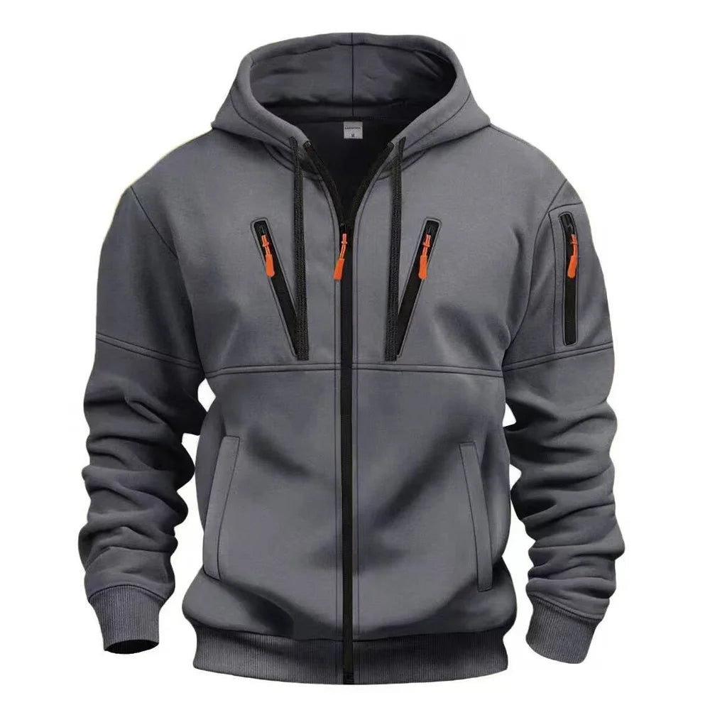 Spring Autumn New Men's Multi Pocket Casual Zipper Black Gray Khaki Hoodie Fashion Sports Street Men Sweatshirt