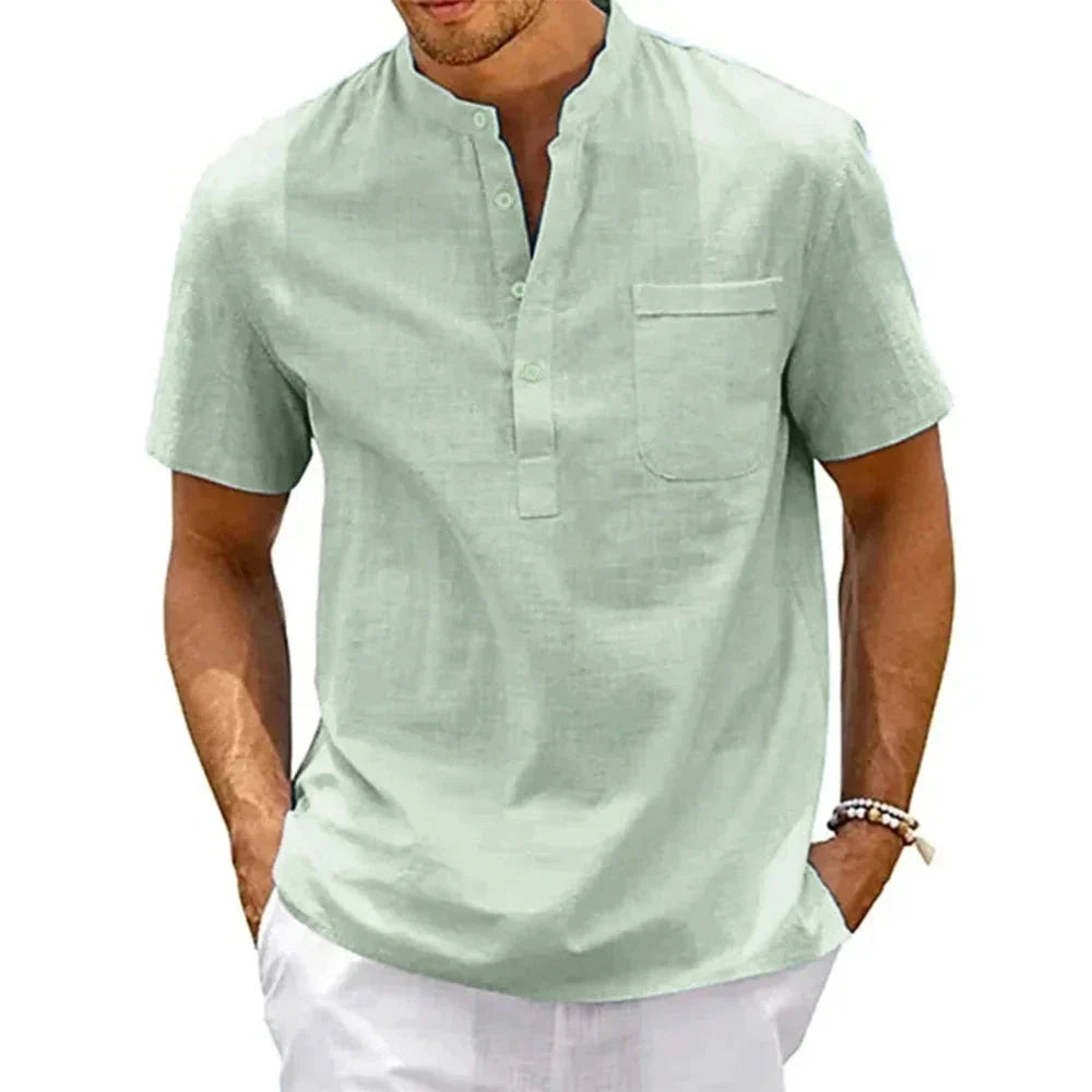 Mandotos Cotton Linen Henley Shirt for Men Pocket Short Sleeve Beachwear Vintage Streetwear