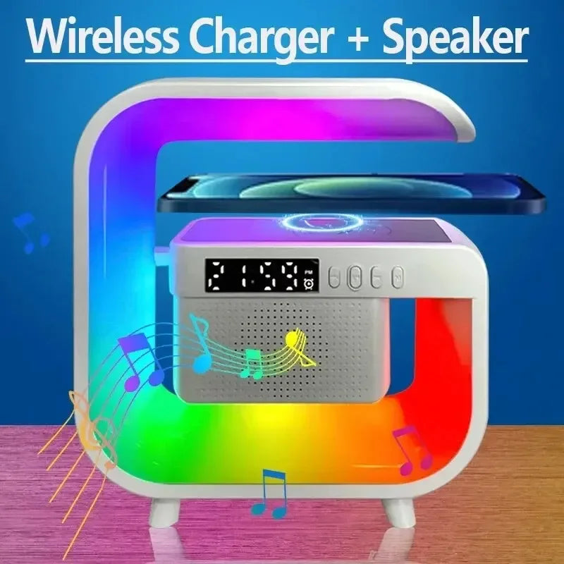 New Wireless Charger Stand Bluetooth Speaker Sound Alarm Clock RGB Ambient Light for iPhone Samsung Xiaomi