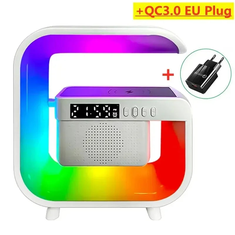 Wireless Charger Stand Pad Bluetooth Speaker Alarm Clock RGB Light Night Lamp Fast Charging Station for iPhone Samsung Xiaomi