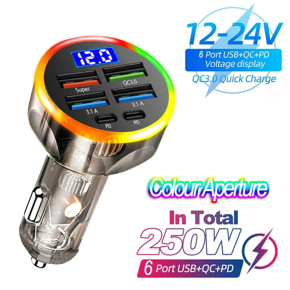 66-250W PD Car Charger QC3.0 Fast Charge with Digital Display 4USB and 2PD Ports for Car Cigarette Lighter Plug