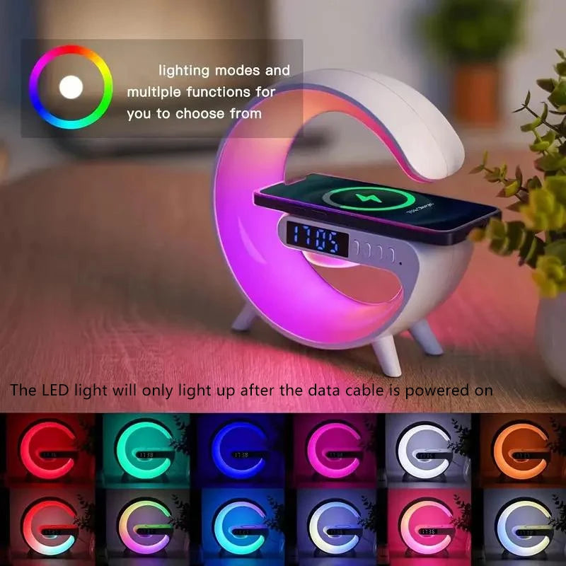 Multi-functional Desktop Clock Alarm Bluetooth Speaker Creativity RGB Night Light Wireless Charger Station For iPhone Samsung