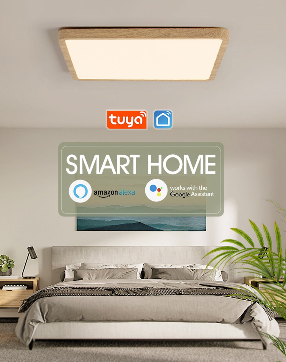 Smart Wood Grain LED Ceiling Lamp: Tuya App & Voice Control, Alexa/Google Compatible, Remote Control, Stylish Square Ceiling Light for Living Room