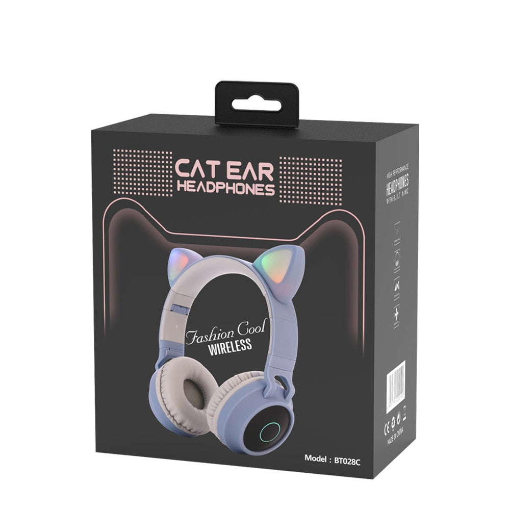 LED Light Wireless Headset with Cat Ear Design - Music Headphones for Girls, Daughters, Bluetooth Headset with TF Card Support and FM Radio