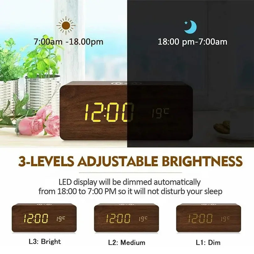 Wooden Digital Alarm Clock with Wireless Charging LED Clock with Time Date Temperature Desk Clocks for Office Bedside Clock