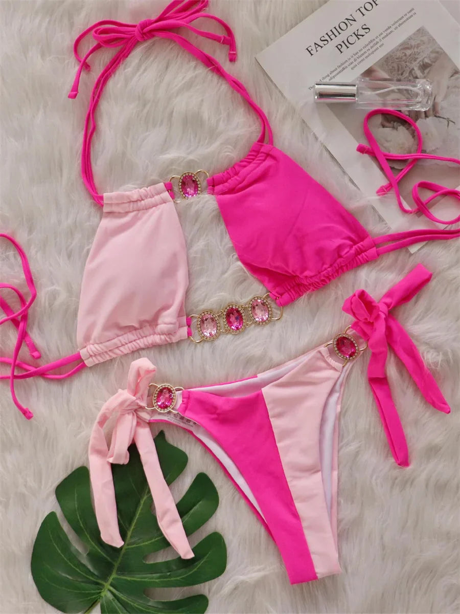 Rhinestones Splicing Bikini