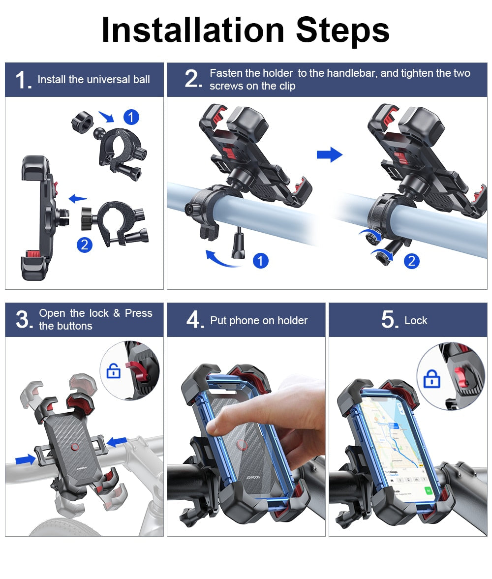 Joyroom Bike Phone Holder - 360° Universal Bicycle Phone Holder for 4.7-7 inch Mobile Phones - Shockproof Bracket with GPS Clip
