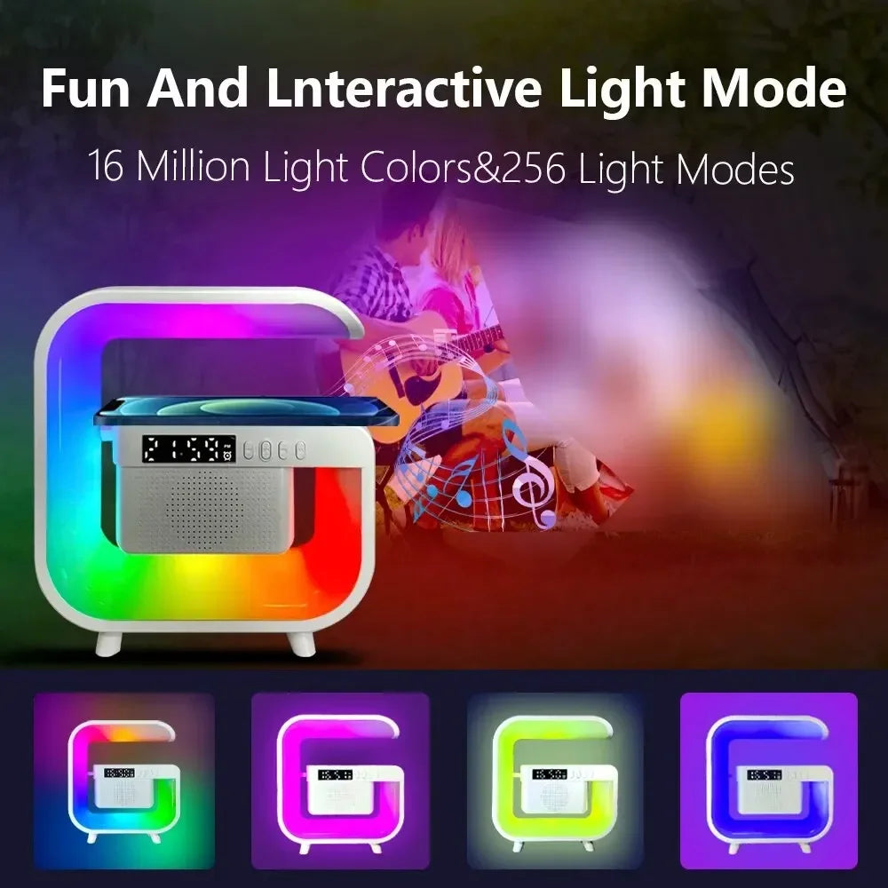 New Wireless Charger Stand Bluetooth Speaker Sound Alarm Clock RGB Ambient Light for iPhone Samsung Xiaomi