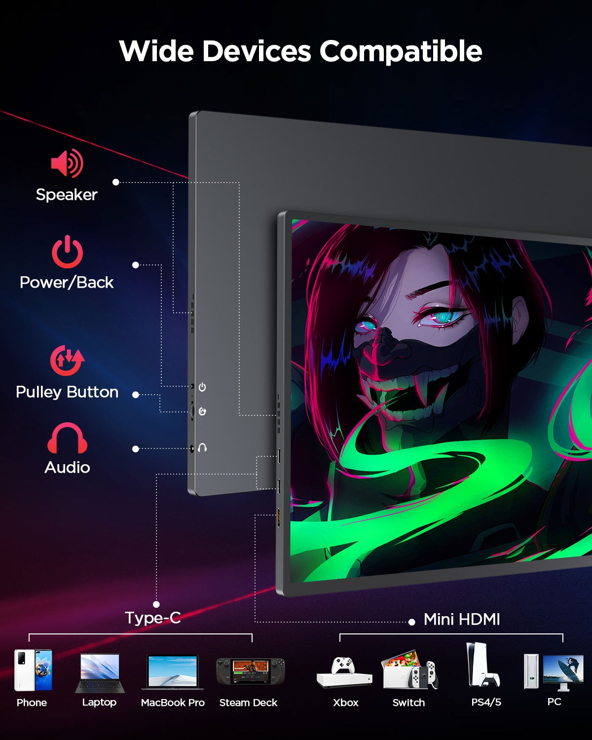 UPERFECT 16 inch 2K Portable Monitor 2560*1600 16:10 100%sRGB 500Cd/m² 120Hz Gaming Display For Xbox PS5 Switch Laptop Mac Phone