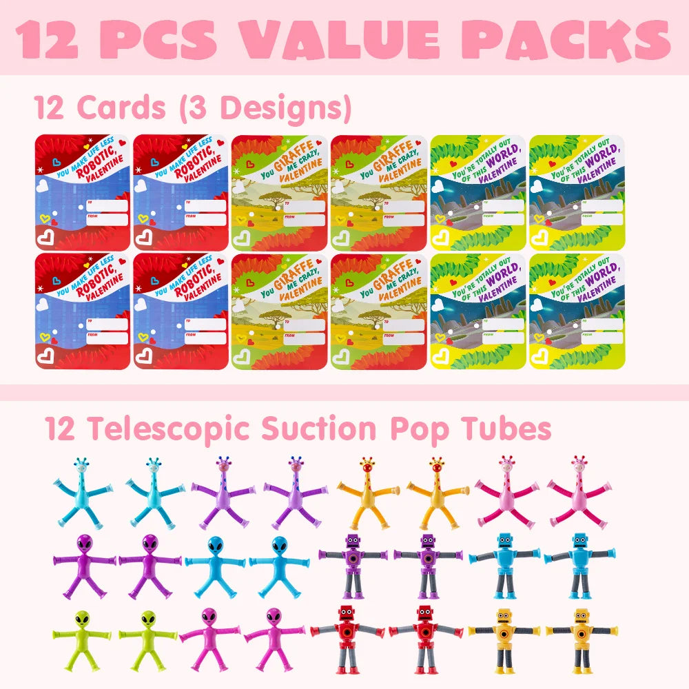 JOYFY 12 Pcs Valentine's Day Telescopic Suction Pop Tube with Cards for Kids Toys Party Favors Classroom Exchange Gifts