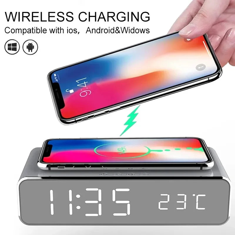LED Digital Date Thermometer Time Alarm Desk Table Clock Alarm 3 in 1 Wireless Charging Stand for iPhone 12 13 14 15 16 Samsung