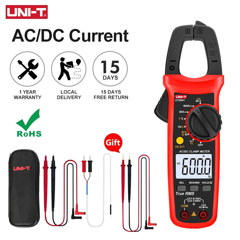 UNI-T UT204+ UT202A+ AC Amperimetric Clamp Meter 600A Hook Ammeter NCV Clamp Digital Multimeter Electric Tester Workshop Tools