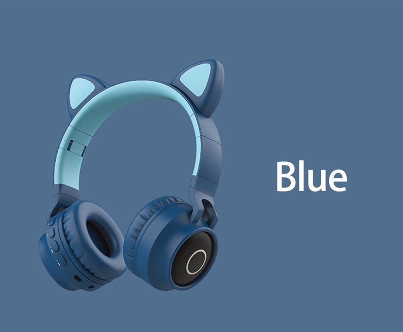 LED Light Wireless Headset with Cat Ear Design - Music Headphones for Girls, Daughters, Bluetooth Headset with TF Card Support and FM Radio