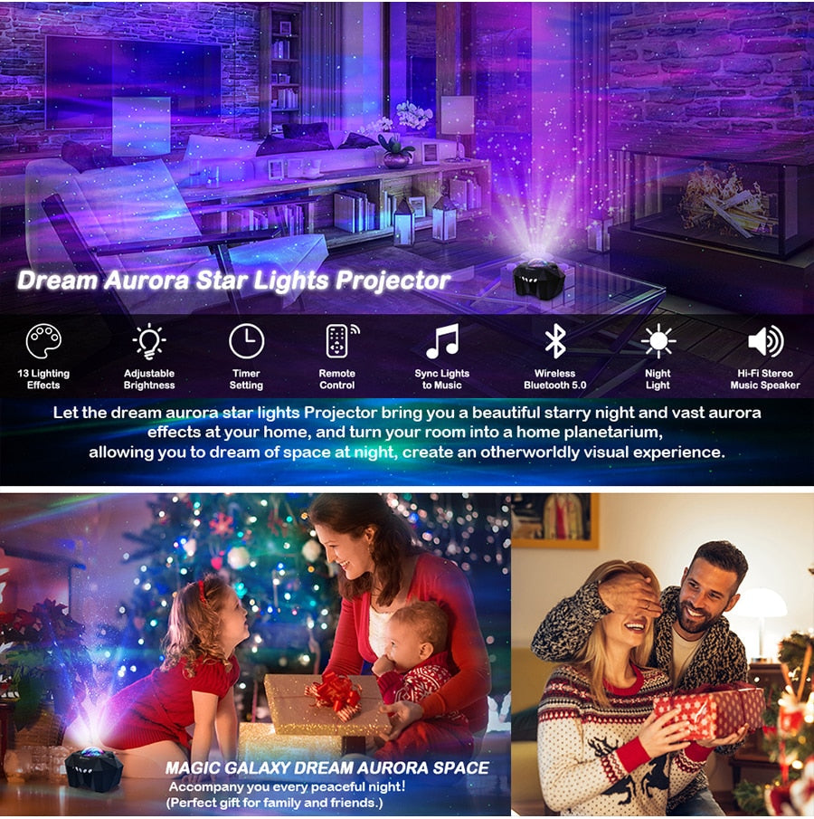 Aurora Lights Star Projector with Bluetooth Music Speaker - Create a Stunning Galaxy Display | Remote Control Sky Night Light - Perfect Gift for Kids and Adults