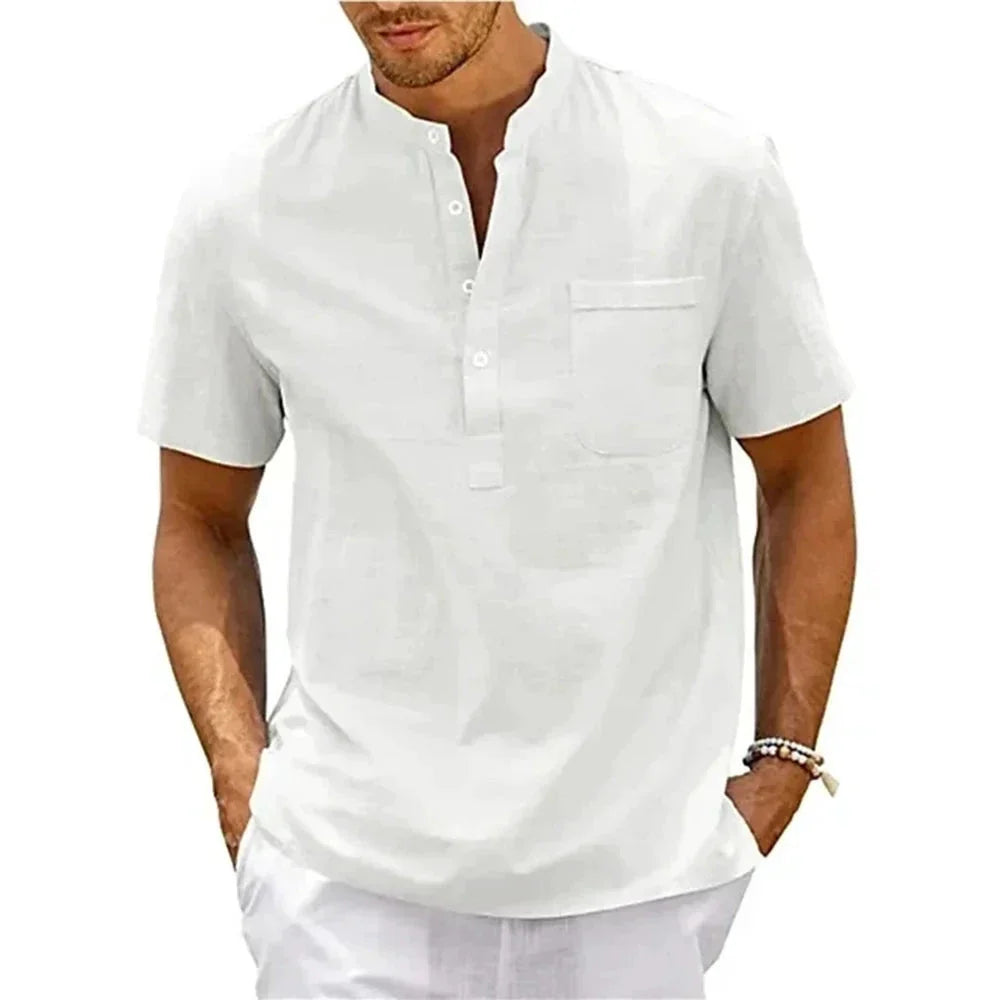 Mandotos Cotton Linen Henley Shirt for Men Pocket Short Sleeve Beachwear Vintage Streetwear