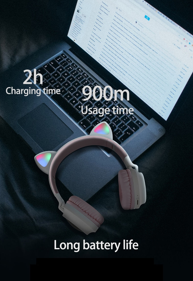 LED Light Wireless Headset with Cat Ear Design - Music Headphones for Girls, Daughters, Bluetooth Headset with TF Card Support and FM Radio