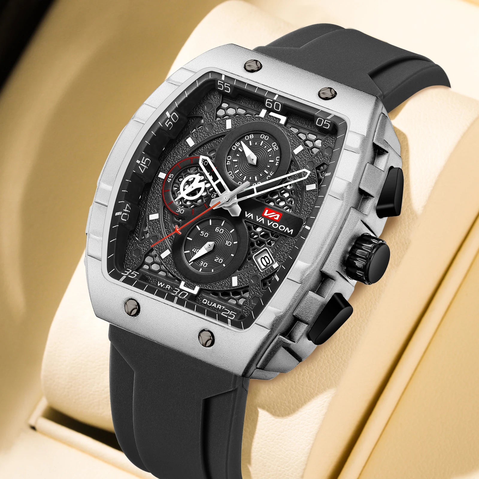 2025 New Men's Watch Multi functional Quartz Movement Rectangular Blue Dial Sports Clock Casual Fashion Silicone Strap Men Watch