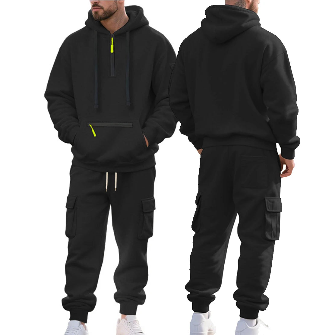 New Autumn And Winter Men's Fleece Hooded Sweatshirt, Workwear, Long Pants Set, Sports and Leisure Multi Pocket 2-Piece Set