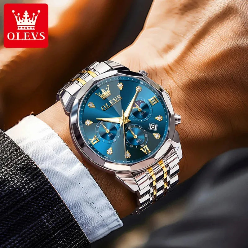 OLEVS 3670 Men's Watches Fashion Waterproof Calendar Luminous Moon Phase Quartz Watch Man Chronograph Clock