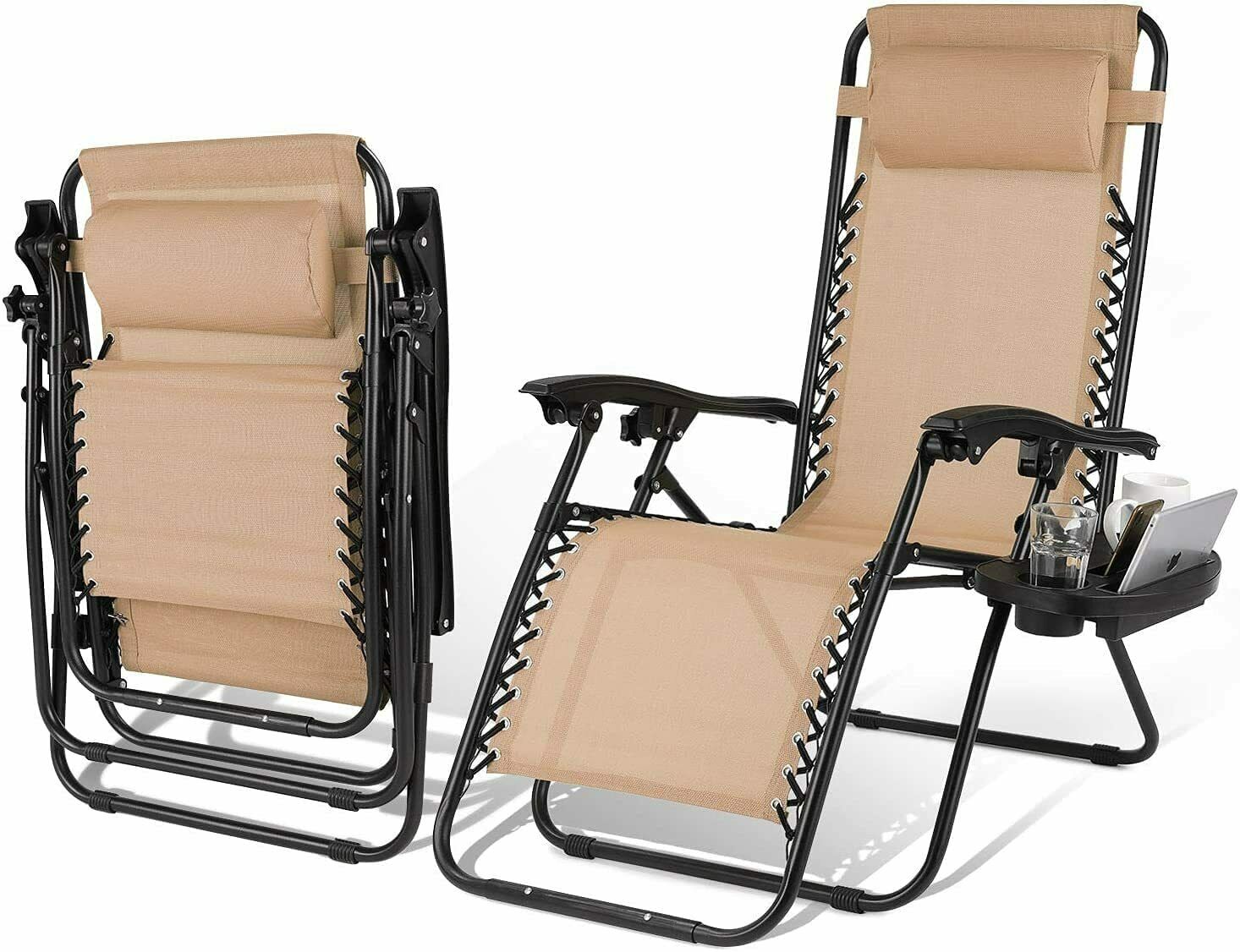 2PC Garden Sun Lounger Set with Table Folding Flexible Adjustable Zero Gravity Recliner Chair Seat Indoor/Outdoor 2 Colors