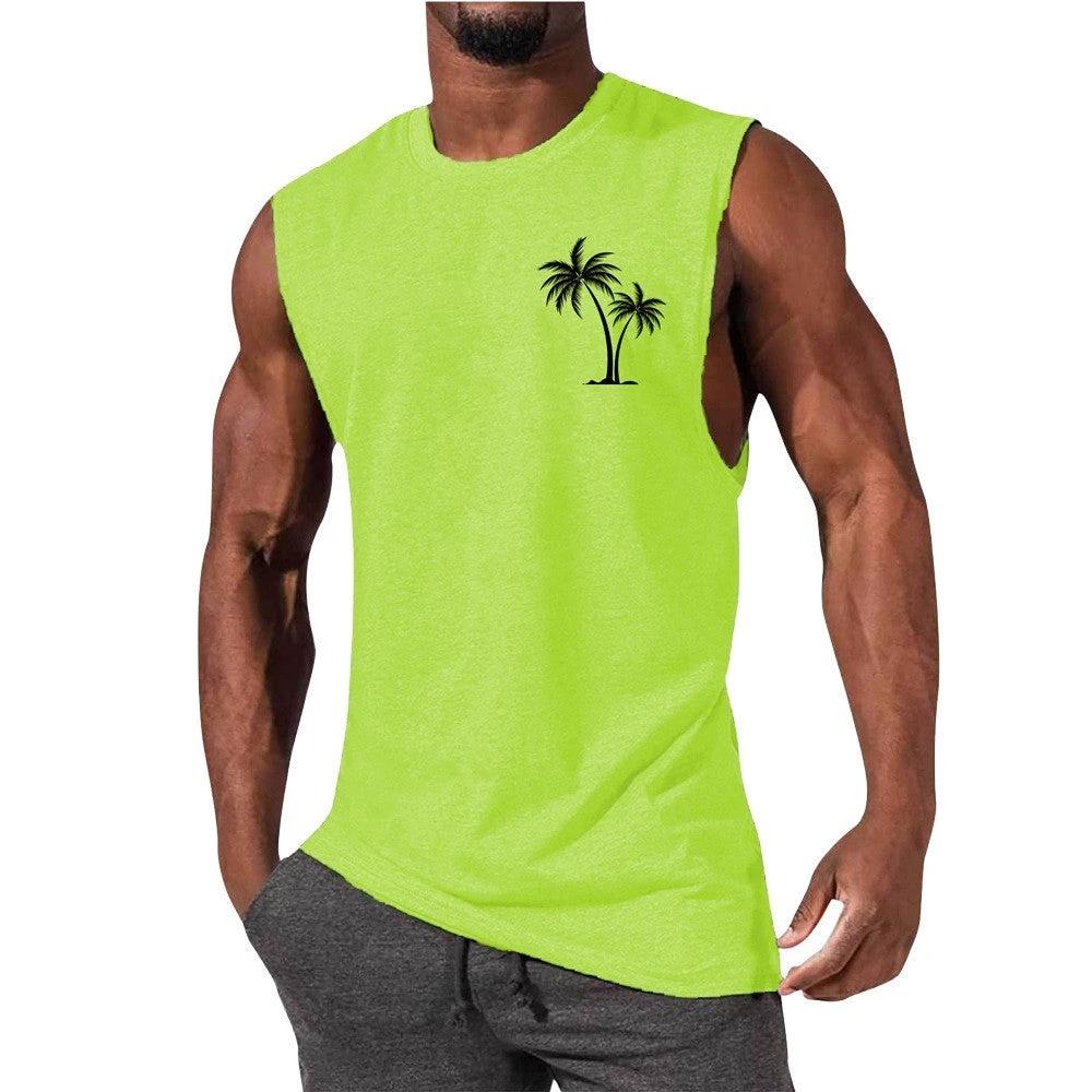 Mandotos Coconut Tree Embroidery Vest Men Tank Top For Summer Beach Workout Muscle Tee