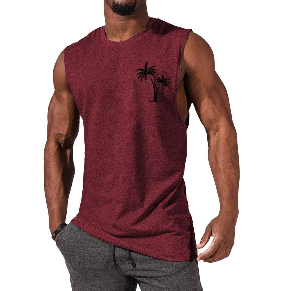 Mandotos Coconut Tree Embroidery Vest Men Tank Top For Summer Beach Workout Muscle Tee