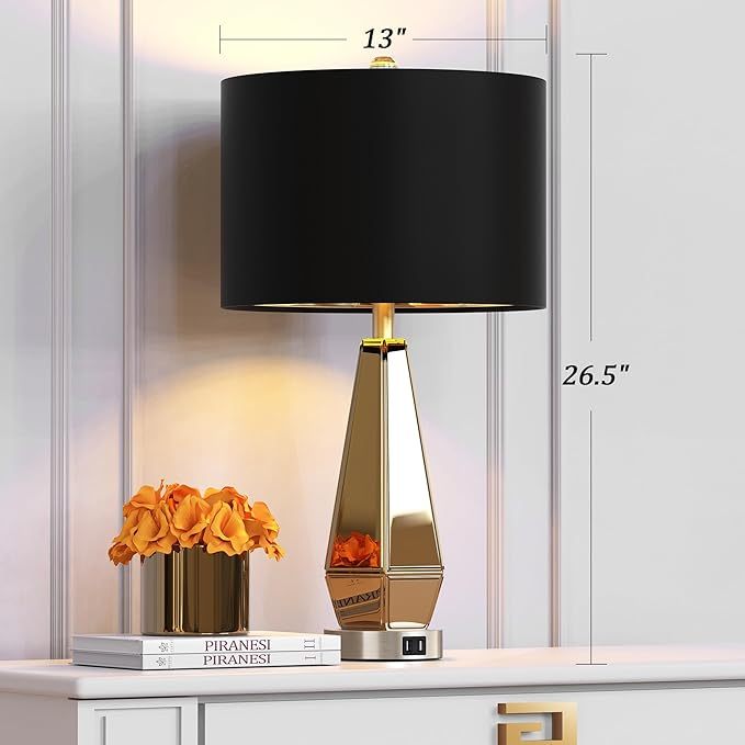 Set of 2 Mirrored Glass Bedside Table Lamps with 2 USB Ports