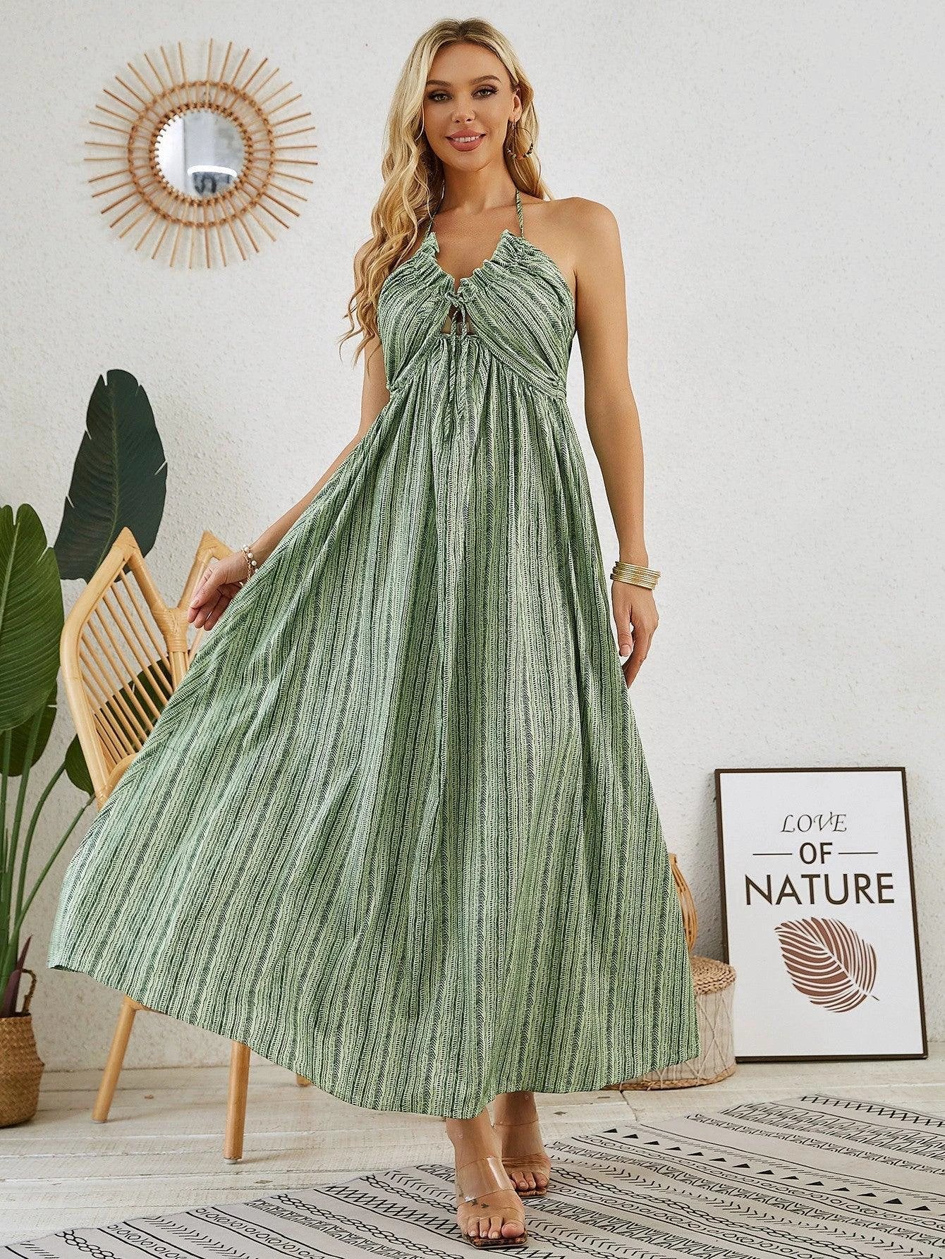 Bohemian Halter Maxi Dress - Women's Summer Sleeveless Flowy Beach Dress