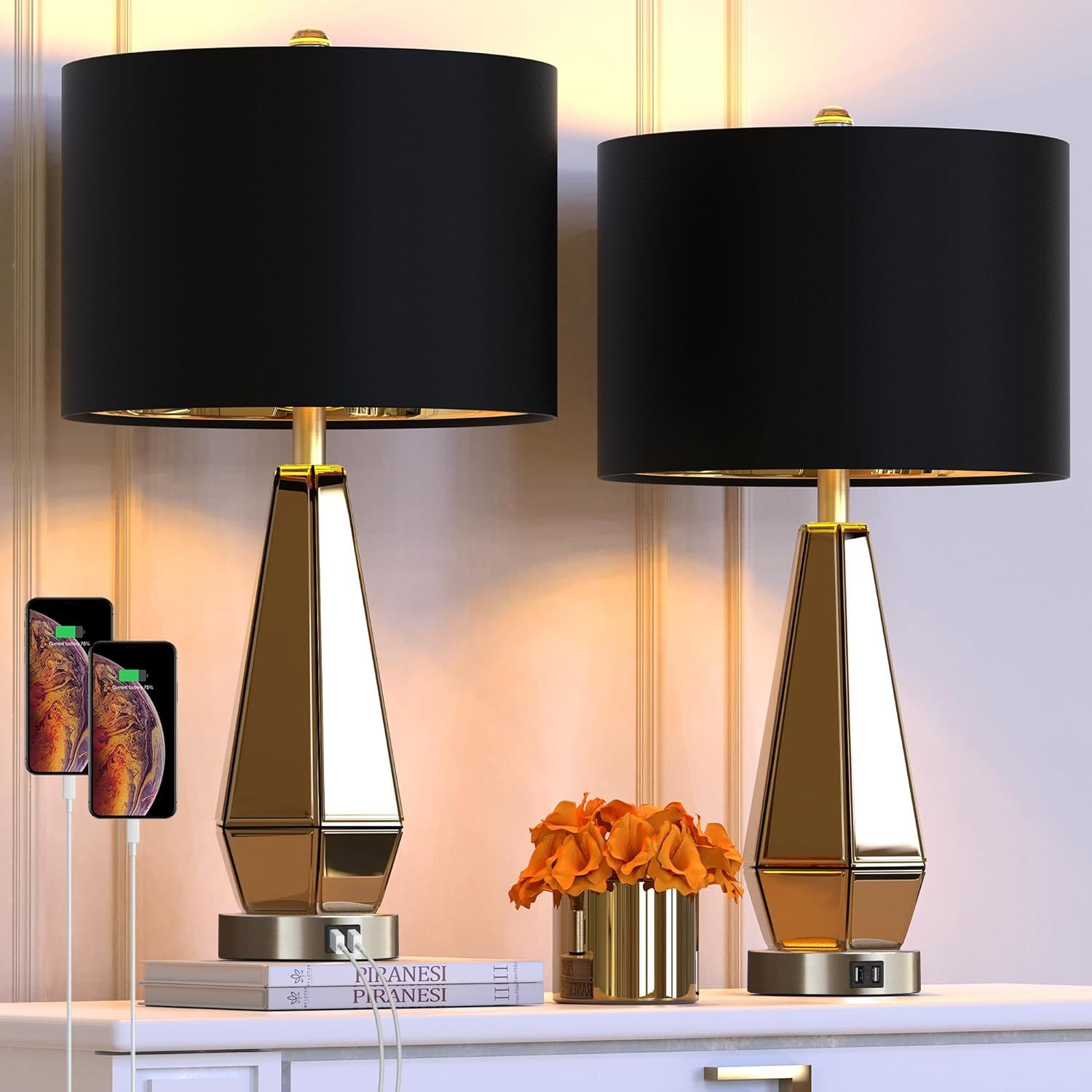 Set of 2 Mirrored Glass Bedside Table Lamps with 2 USB Ports
