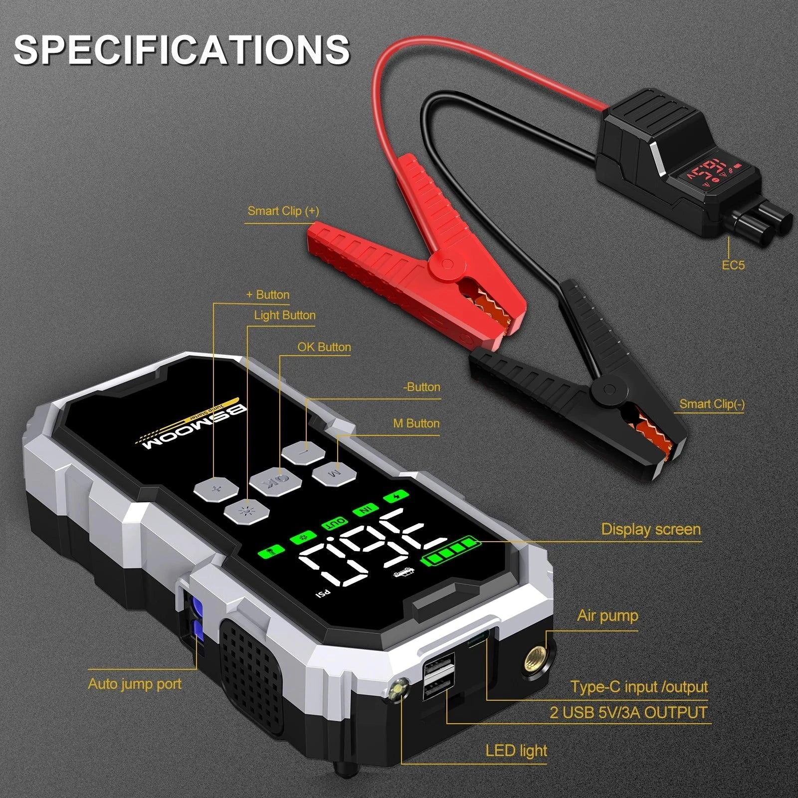MANDOTOS Car Jump Starter Pro With Air Compressor 6000A 21800mAh LCD Display Portable Booster Charger