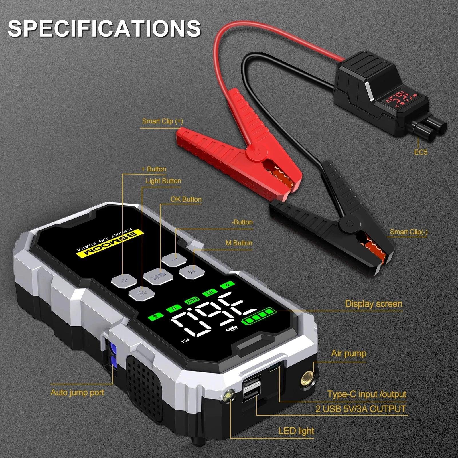 MANDOTOS Car Jump Starter Pro With Air Compressor 6000A 21800mAh LCD Display Portable Booster Charger