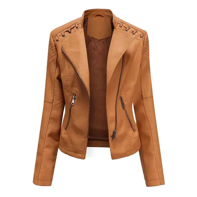 Mandotos Chic Feminine Black Leather Coat With Zipper Pockets And Biker Style Details